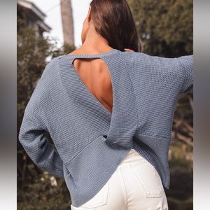 Lulu’s Cross Reference Denim Blue Oversized Backless Sweater